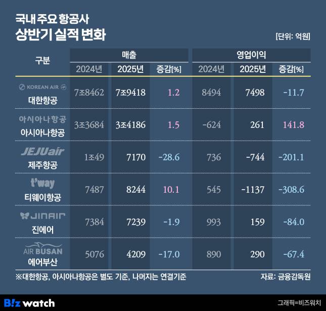 국내 주요 항공사 상반기 실적 변화./그래픽=비즈워치