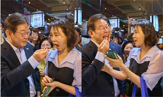 17일 서울시 은평구 연서시장을 방문한 이재명 대통령 부부. 대통령실 제공