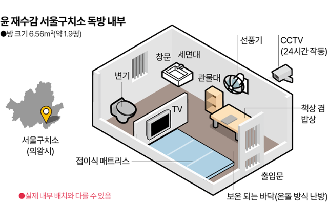 윤석열 재수감 서울구치소 독방 내부. 그래픽=송정근 기자