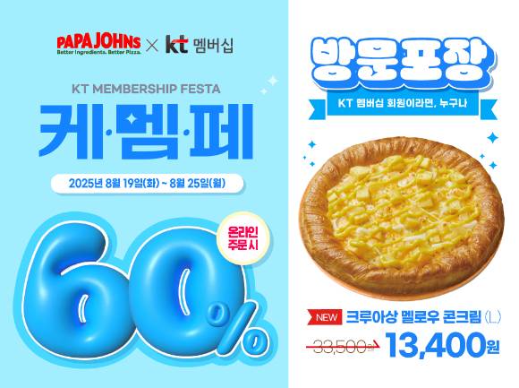 한국파파존스는 KT 멤버십 가입 고객을 대상으로 하는 'KT 멤버십 페스타(케멤페)'를 통해 방문포장 60% 할인 혜택을 제공한다. [사진=한국파파존스]