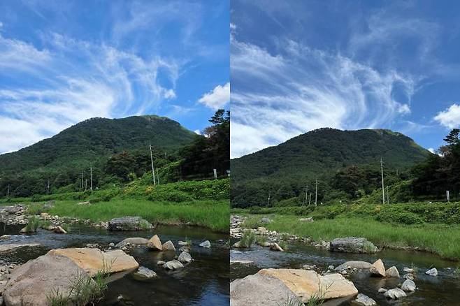 (왼쪽부터)갤럭시 Z 폴드7와 아이폰 16 프로의 일반 모드로 촬영한 풍경 사진 / 출처=IT동아