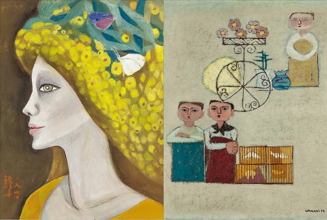 8월 미술품 경매에 출품된 천경자 ‘미모사 향기’(왼쪽)와 김환기 ‘봄’.  서울옥션·케이옥션 제공