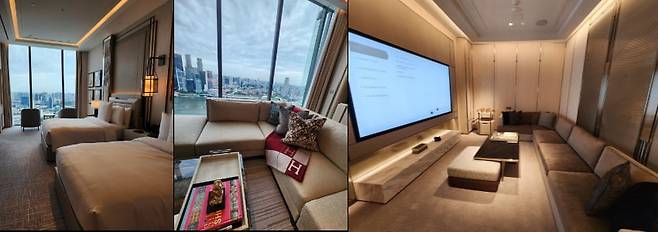 파이자 컬렉션의 스위트룸. 싱가포르를 내려다보는 뷰와 파티를 위한 가라오케 룸이 있다.