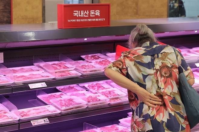 서울 시내 대형마트 돈육 판매대에서 시민이 제품을 살펴보고 있다.  [연합]
