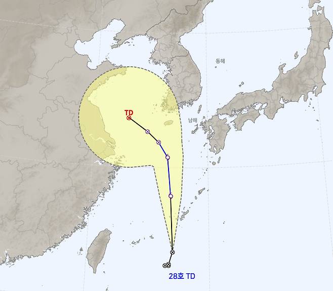 제28호 열대저압부 예상 경로(기준 : 19일 4시 30분) [기상청 제공]
