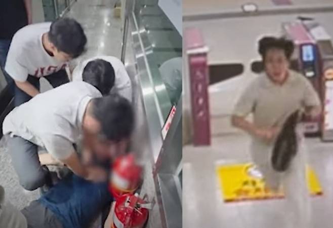 의식을 잃고 쓰러진 어르신에게 심폐소생술을 하는 서울 수서경찰서 정용진 경사(왼쪽 사진)와 인근 지하철역에서 자동심장충격기를 들고 달려가는 서울 중랑경찰서 정희목 경사. 서울경찰 유튜브 캡처