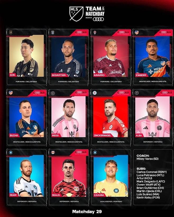 ▲&nbsp;LAFC 입단 후 첫 선발 경기에서 맹활약을 펼친 손흥민은 MLS 사무국이 선정한 '이주의 팀'에 선정돼 존재감을 뽐냈다. 여기에서 '축구의 신' 리오넬 메시(38, 인터 마이애미)와 함께 이주의 팀에 선정됐다는 점이 가장 눈길을 끌었다. ⓒ MLS&nbsp;