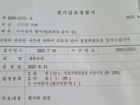 (경찰 수사 결과 통지서)