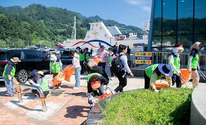울릉도 자원봉사자들이 풀밭가꾸기와 쓰레기 줍기를 하고 있다. /김두한 기자