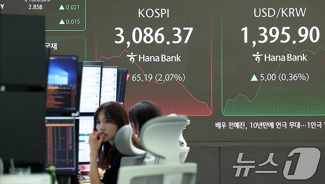 20일 서울 중구 하나은행 딜링룸 전광판에 개장 시황이 나오고 있다. 2025.8.20/뉴스1 ⓒ News1 김성진 기자