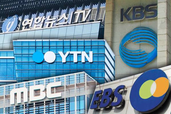 ▲왼쪽 상단부터 시계 방향으로 연합뉴스TV, KBS, EBS, MBC, YTN 사옥