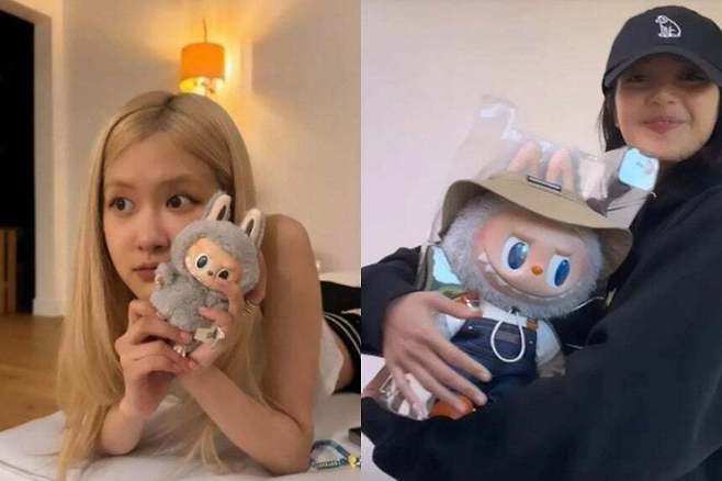 블랙핑크 로제(왼쪽)와 리사가 라부부 인형을 들고 있는 모습. 인스타그램 캡처