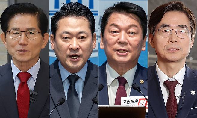 국민의힘 8·22 전당대회에 출마한 당권주자들. 김문수(왼쪽부터), 장동혁, 안철수, 조경태 후보. 연합뉴스