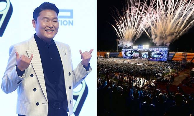 (왼쪽부터) 싸이, 싸이 흠뻑쇼 속초 공연 모습. 연합뉴스·속초시 제공