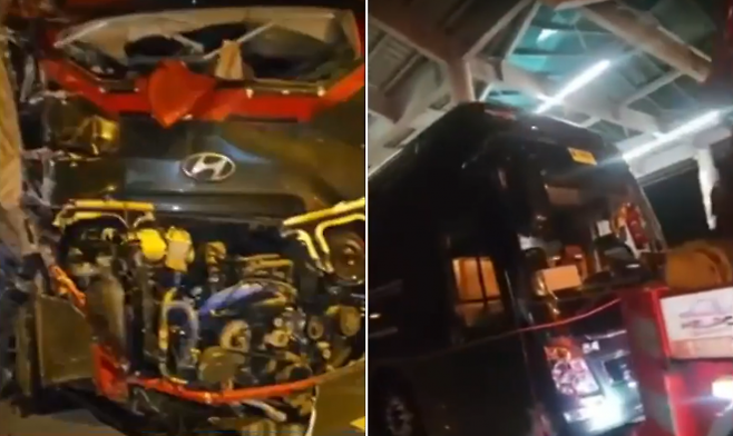 19일 오후 11시 2분쯤 대구 군위군 효령면 상주영천고속도로 효령터널 인근에서 25t 화물차(왼쪽)가 45인승 관광버스(오른쪽)를 들이받는 사고가 발생해 승객 1명이 숨지고 6명이 다쳤다. KBS 보도화면 캡처