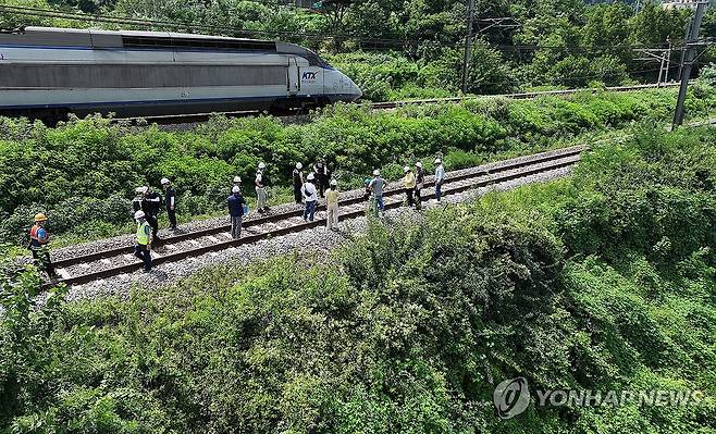 청도 열차사고 합동 감식 (청도=연합뉴스) 윤관식 기자 = 20일 경북 청도군 화양읍 삼신리 청도소싸움 경기장 인근 경부선 철로에서 전날 발생한 열차 사고에 대한 유관기관 합동 감식이 진행되고 있다.
    전날 이곳에서는 무궁화호 열차가 선로 인근에서 작업 중이던 근로자 7명을 치어 2명이 사망하고 5명이 다치는 사고가 났다. 2025.8.20 psik@yna.co.kr