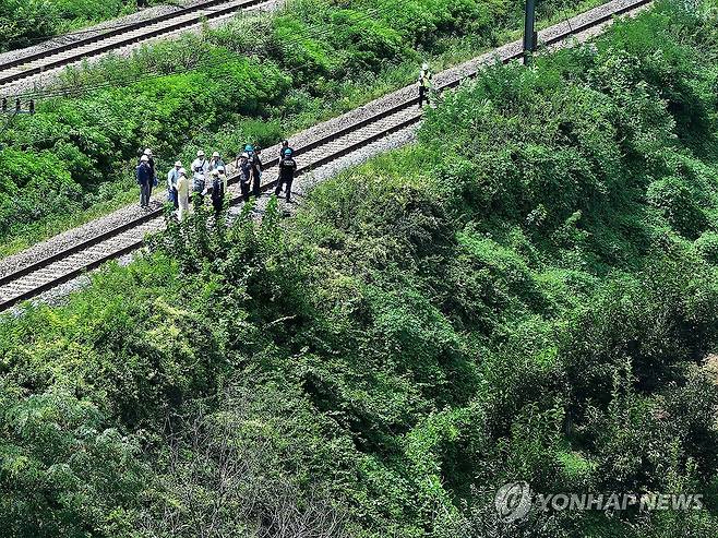 청도 열차사고 유관기관 합동 감식 (청도=연합뉴스) 윤관식 기자 = 20일 경북 청도군 화양읍 삼신리 청도소싸움 경기장 인근 경부선 철로에서 전날 발생한 열차 사고에 대한 유관기관 합동 감식이 진행되고 있다.
    전날 이곳에서는 무궁화호 열차가 선로 인근에서 작업 중이던 근로자 7명을 치어 2명이 사망하고 5명이 다치는 사고가 났다. 2025.8.20 psik@yna.co.kr