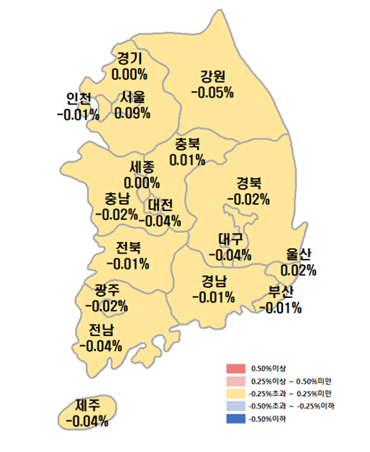 2025년 8월 3주차 시·도별 아파트 매매가격지수 변동률. 한국부동산원 제공