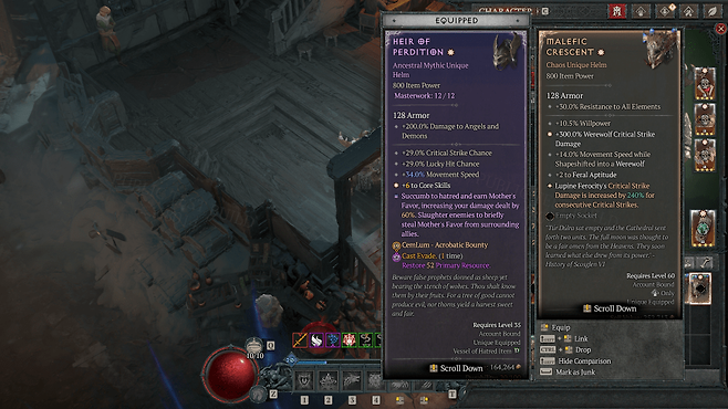 - 목걸이 유니크인 '사악한 초승달' 옵션이 투구에 적용된 모습