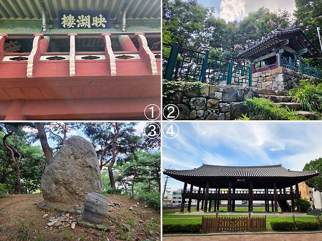 (1) 안동 영호루. 현판 글씨는 공민왕이 썼다고 한다.(2) 상주 왕산역사공원. 해발 72미터 야트막한 언덕이다. (3)경북 상주 왕산. 정상석을 세워놓았다. 해발 72미터. (4)청주 중앙공원에 있는 망선루. 공민왕이 환도할 때 청주에서 과거를 보이고 이곳에 방을 붙였다고 한다. /이한수 기자