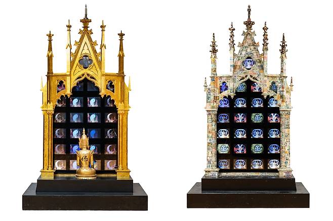 백남준의 비디오 작품 '나의 파우스트' 시리즈 중 최초 공개된 '영원성'(1992·왼쪽)과 '경제학 '(1992). /우양미술관