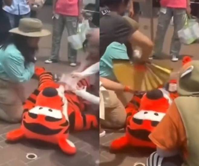 상하이 디즈니랜드에서 ‘티거’ 인형 탈을 쓴 직원이 폭염에 열사병으로 쓰러지자, 탈을 벗지 못하게 한 디즈니 내부 규정이 논란이 되고 있다./SNS 캡처