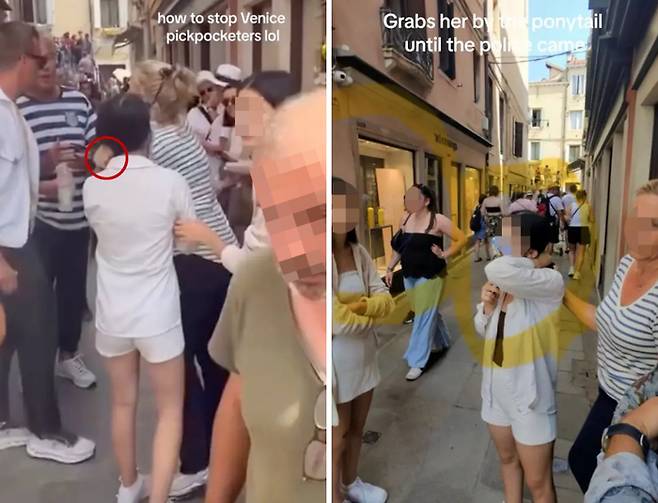 지난 14일(현지시간) 이탈리아 베네치아에서 소매치기를 당한 미국인 관광객이 용의자의 머리카락을 잡고 경찰이 오길 기다리고 있다. 사진=카리스 맥엘로이 틱톡 캡처