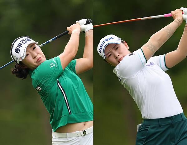 박현경, 홍정민, 이예원, 방신실, 노승희, 이가영, 정윤지, 배소현, 박혜준, 고지원, 유현조, 박지영, 김다나, 황유민, 김민솔, 박민지, 장하나 프로 등이 출전하는 2025년 한국여자프로골프(KLPGA) 투어 BC카드·한경 레이디스컵에 출전한 김수지, 이다연 프로가 1라운드에서 경기하는 모습이다. 사진제공=KLPGA