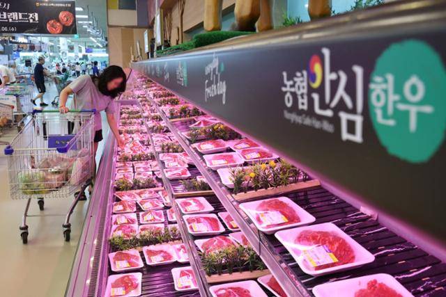 지난 1일 서울 서초구 하나로마트 양재점을 찾은 시민이 한우를 고르고 있다. 뉴스1