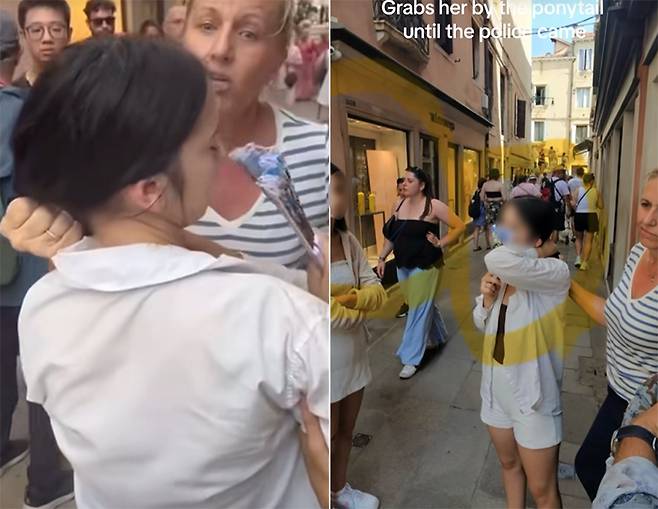 이탈리아 베네치아에서 소매치기범을 붙잡은 미국 관광객이 그의 머리채를 잡고 경찰이 올 때까지 기다리는 모습. [카리스 맥엘로이 틱톡 캡처]