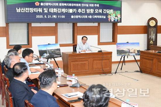 ▲ 울산시의회 안수일 의원이 21일 시의회 4층 다목적회의실에서 남산 전망 타워와 태화강케이블카 추진 방향 모색 간담회를 개최했다. 시의회 제공