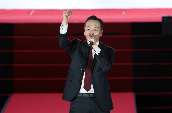 국민의힘 김민수 최고위원 후보가 22일 충북 청주시 흥덕구 청주오스코에서 열린 국민의힘 제6차 전당대회에서 비전 발표를 하고 있다. (사진 = 연합뉴스)