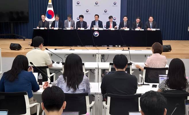 기획재정부 윤인대 차관보(왼쪽 다섯 번째)가 지난 19일 정부세종청사 민원동 공용브리핑실에서 새 정부 경제 성장 전략을 설명하고 있다. /연합뉴스