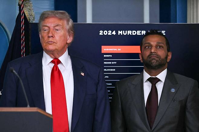 도널드 트럼프 미국 대통령과 캐시 파텔 FBI 국장(오른쪽)이 2025년 8월 11일 워싱턴 D.C. 백악관 브래디 기자 브리핑룸에서 워싱턴 D.C. 범죄에 대한 기자 회견을 하고 있는 모습을 지켜보고 있다. /연합뉴스