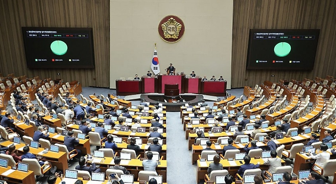 21일 국회 본회의에서 방송문화진흥회법 일부개정법률안이 통과되고 있다. ⓒ연합뉴스