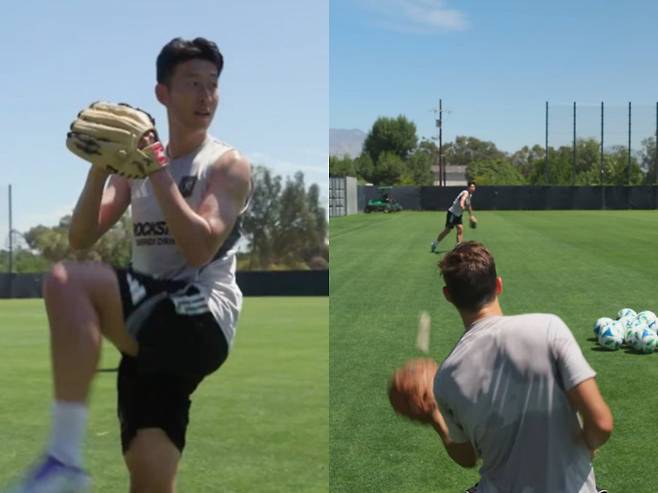 LA FC 손흥민이 메이저리그 최고 인기팀 LA다저스의 홈경기 시구를 위해 연습하는 모습을 공개했다. 사진은 손흥민이 메이저리그 시구를 앞두고 연습 중인 모습. /사진=LA FC 인스타그램 캡처