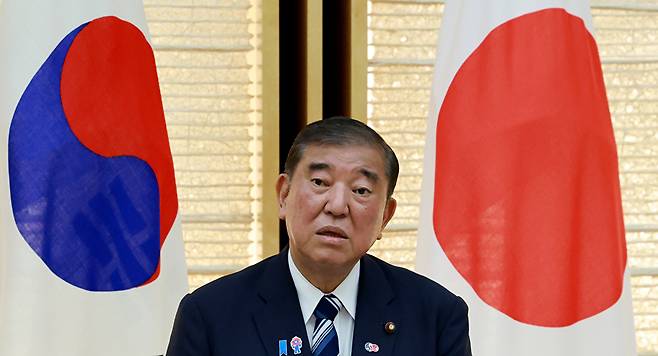 이시바 시게루 일본 총리가 23일 일본 도쿄 총리 관저에서 열린 한일 정상 공동 언론 발표에서 발언하고 있다. 2025.8.23 [사진=연합뉴스]