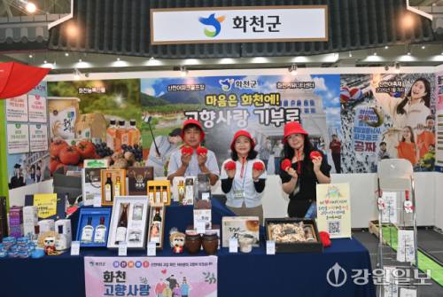 ■화천군 김익 재무과 세외수입팀장, 최미정 경리팀장, 정운경 세정담당 팀장, 김미숙 주무관 등 화천군 직원들은 물빛누리 쌀과 너래안 참기름세트, 토고미쌀, 블루베리로 만든 잼과 와인, 식초, 소금, 표고버섯선물세트 등을 비롯해 지역특산물과 산천어 파크골프장 이용권을 답례품으로 선보이면서 눈길을 모았다. 현장에서는 화천 파크골프 체험행사를 진행해 인기를 모았다.