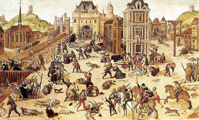 성 바르톨로메오 축일 학살 사건을 묘사한 그림. (출처: François Dubois, 1572, Public domain, via Wikimedia Commons)