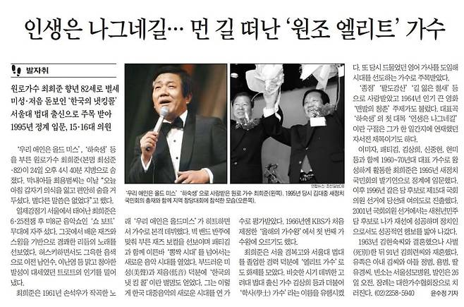 최희준 부음 기사. 2018년 8월 25일자.