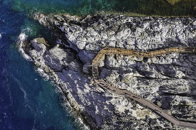 울릉도 태하항과 인접한 해상 산책로를 달리는 대회 참가자들. 드론으로 촬영한 울릉도 풍경이 근사하다. 문민호 제공