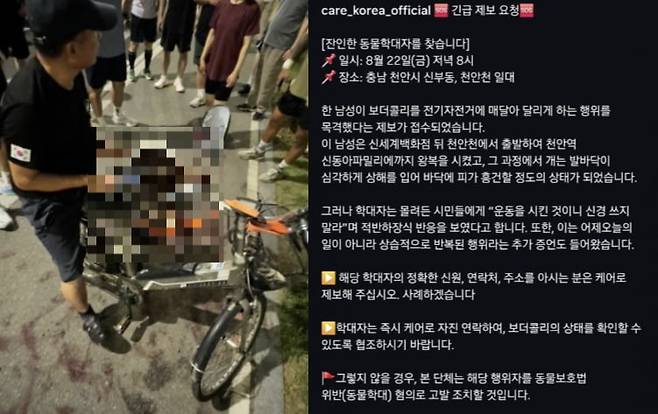 한 50대 남성이 자신이 키우는 반려견을 전기자전거에 줄을 매달아 끌고 가다가 시민들의 저지에 멈춰서고 있다. 사진=SNS 캡처