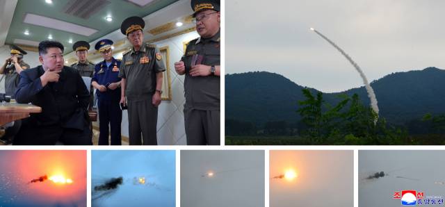 북한 미사일총국은 23일 김정은 국무위원장이 참관한 가운데 신형 지대공미사일의 시험 사격을 실시했다. 조선중앙통신·연합뉴스