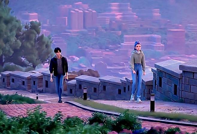 Jinu (left) and Rumi walk along the Seoul City Wall at Naksan Park in the Netflix animated film "KPop Demon Hunters."/Netflix
