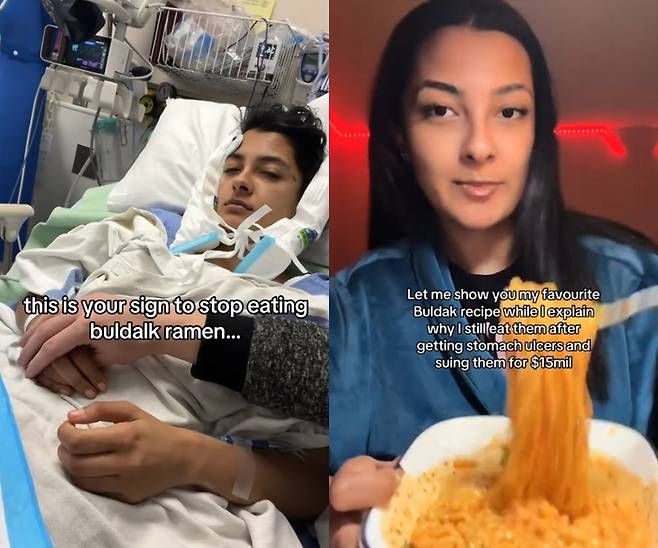 캐나다 인플루언서가 삼양 불닭볶음면 탓에 위궤양에 걸렸다며 1500만 달러 소송을 주장했지만, 이후에도 먹방을 이어가 논란이 확산됐다. 삼양식품은 “소송 진행 사실 없다”고 밝혔다. 사진=틱톡 jawbreakergirl