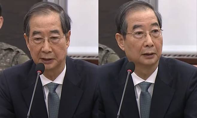 “해제 국무회의를 마친 뒤 (비상계엄 선포문이) 양복 뒷주머니에 있는 것을 알았다”고 말할 때(왼쪽)와 “그때 그러면 거기에 놓여있었습니까?”라는 질문을 던진 부승찬 더불어민주당 의원을 바라볼 때(오른쪽) 한덕수 전 국무총리. 제이티비시(JTBC) 뉴스 유튜브 갈무리