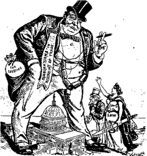 1889년 1월 한 잡지에 실린 조지프 케플러의 만평 '상원의 보스들(The Bosses of the Senate)'. 도금시대 거대 독점기업과 결탁한 정치인들의 부패와 횡포를 묘사한 그림이다. ushistorysca