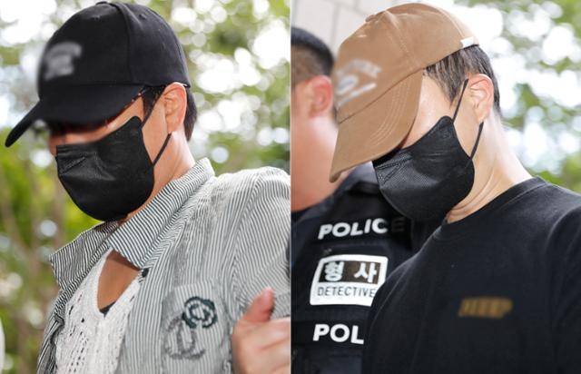 남편의 신체 중요 부위를 흉기로 절단해 살해하려 한 혐의를 받는 50대 아내(왼쪽)와 공범인 30대 사위가 지난 2일 구속 전 피의자 심문(영장실질심사)을 위해 미추홀구 인천지법에 출석하고 있다. 뉴시스