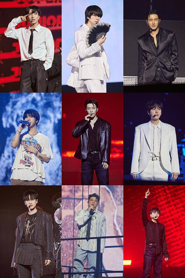 그룹 슈퍼주니어 아홉 멤버가 24일 서울 송파구 올림픽공원 KSPO돔에서 '슈퍼쇼10' 공연을 하고 있다. 왼쪽 위부터 시계방향으로 이특 희철 시원 규현 려욱 신동 은혁 예성. 맨 가운데가 동해. SM엔터테인먼트 제공
