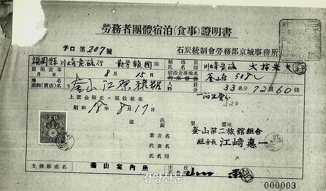 강원여관 숙박 증명서. 국가기록원